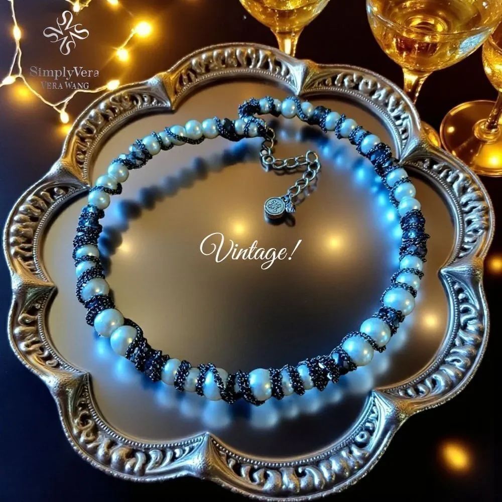 VERA WANG Pearl, Crystal, And Gunmetal Black Wrapped Chain Choker Necklace
